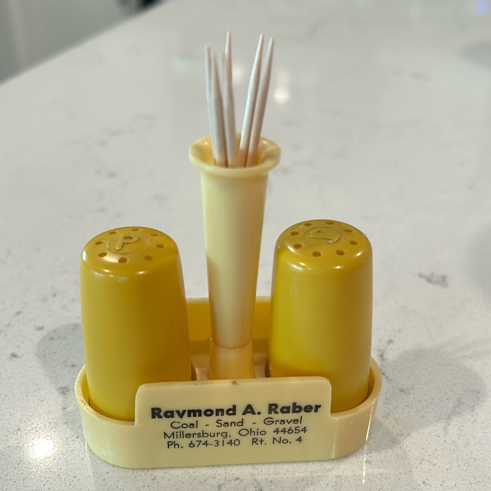 Vintage Salt/Pepper & Toothpick Holder. Hard plastic/Advertise-themed